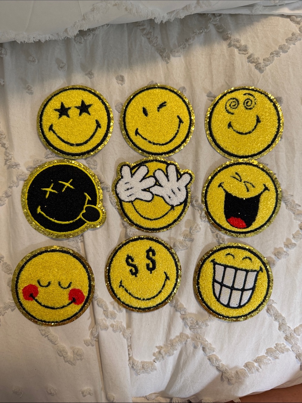 Glitter Smile Emoji fabric patches - Yellow Glitter Smiley Faces set of nine New